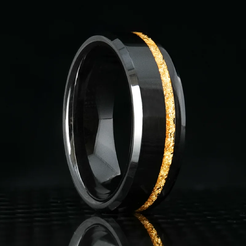 Curved cabochon ring-24K Gold Leaf Ring on Black Ceramic | Offset Inlay