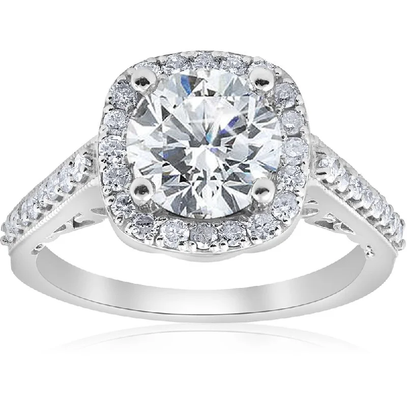 High gem ring-3 ct Diamond Cushion Halo Vintage Engagement Ring 14k White Gold Lab Grown