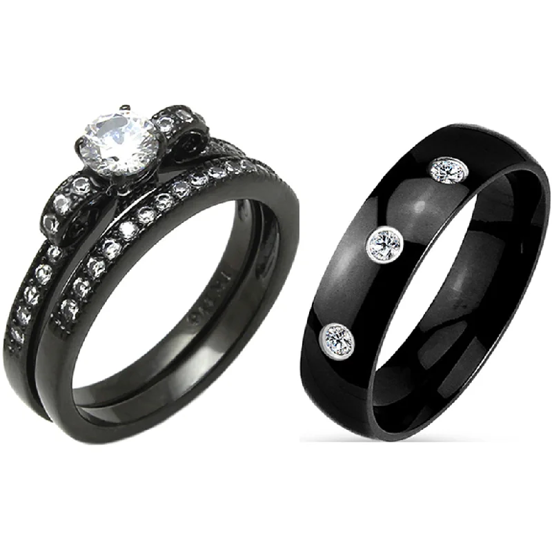 Sun flare ring-3 PCS Couple 5x5mm Round Cut CZ Black IP Stainless Steel Wedding Set Mens Band with 3 CZs