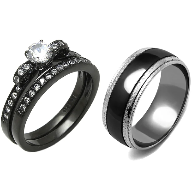 Grained stone ring-3 PCS Couple 5x5mm Round Cut CZ Black IP Stainless Steel Wedding Set Mens Matching Band