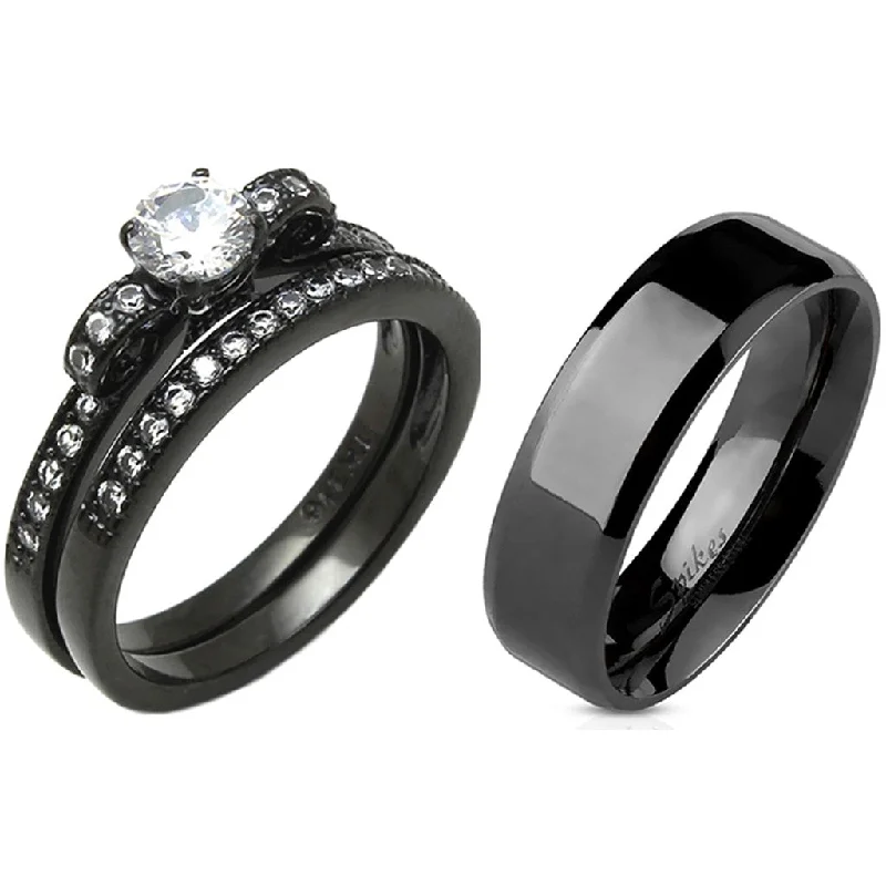 Bold moonstone ring-3 PCS Couple 5x5mm Round Cut CZ Black IP Stainless Steel Wedding Set Mens Flat Band