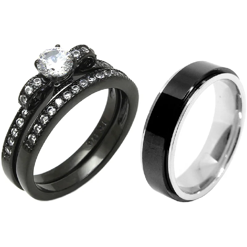 Nested stone ring-3 PCS Couple 5x5mm Round Cut CZ Black IP Stainless Steel Wedding Set Mens Matching Spinning Band