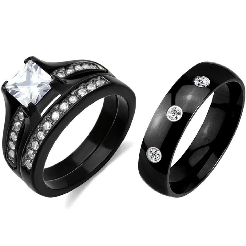 Textured ring-3 PCS Couple Black IP Stainless Steel 7x7mm Princess Cut CZ Engagement Ring Set Mens Band with 3 CZs