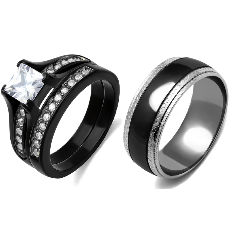 Spiral coil ring-3 PCS Couple Black IP Stainless Steel 7x7mm Princess Cut CZ Engagement Ring Set Mens Matching Band