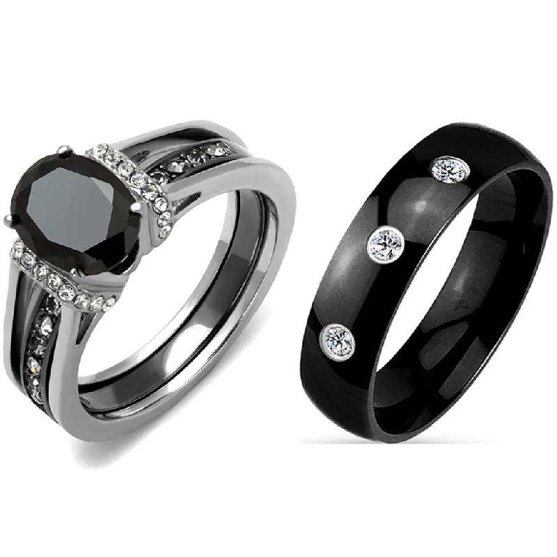 Exact-cut ring-3 PCS Couple Black IP Stainless Steel 8x6mm Oval Cut CZ Engagement Ring Set Mens Band With 3 CZ