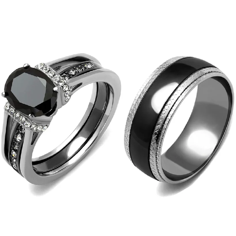 Astral design ring-3 PCS Couple Black IP Stainless Steel 8x6mm Oval Cut CZ Engagement Ring Set Mens Matching Band