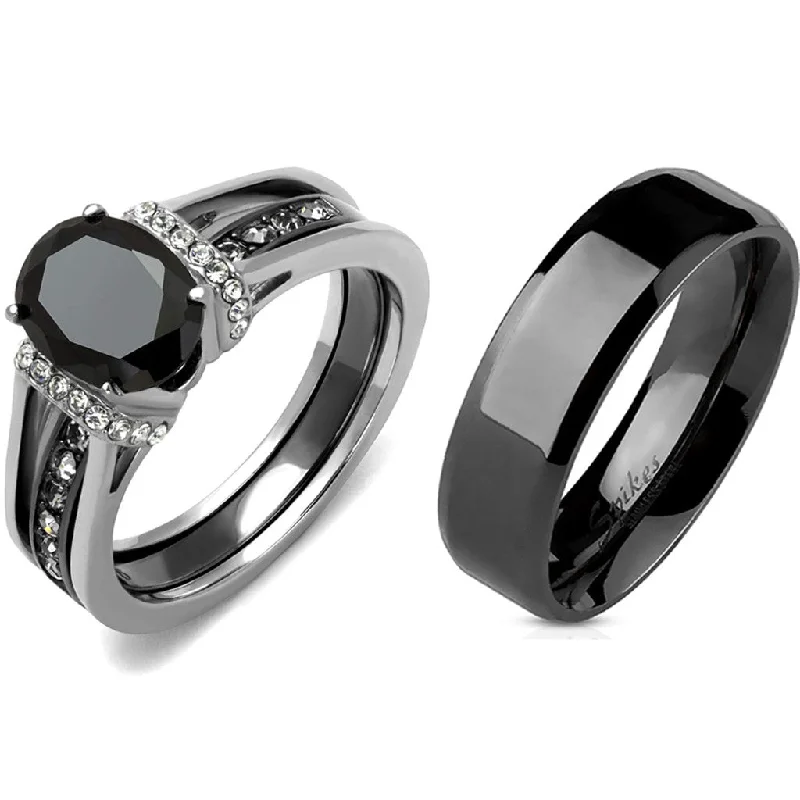 Astral design ring-3 PCS Couple Black IP Stainless Steel 8x6mm Oval Cut CZ Engagement Ring Set Mens Flat Band