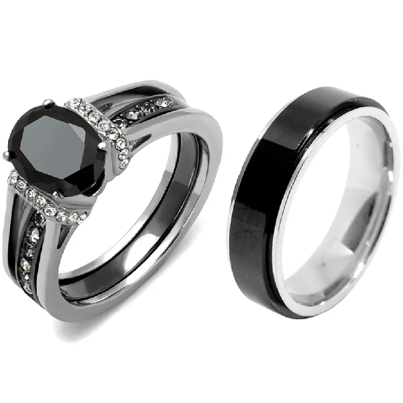 Deep-set stone ring-3 PCS Couple Black IP Stainless Steel 8x6mm Oval Cut CZ Engagement Ring Set Mens Spinning Band