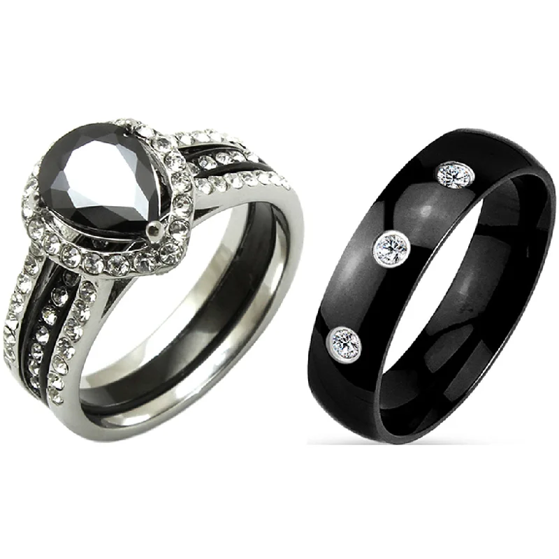 Grained stone ring-3 PCS Couple Pear Cut Black CZ Black IP Stainless Steel Wedding Set Mens Band with 3 CZs