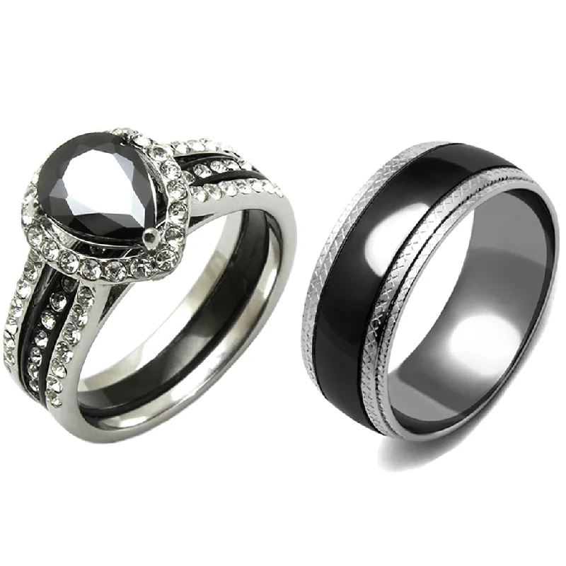 Retro ruby ring-3 PCS Couple Pear Cut Black CZ Black IP Stainless Steel Wedding Set Mens Matching Band