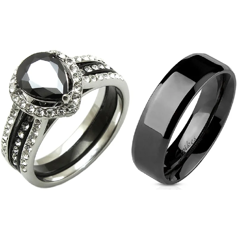 Retro ruby ring-3 PCS Couple Pear Cut Black CZ Black IP Stainless Steel Wedding Set Mens Flat Band