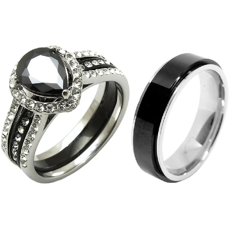 Rough amethyst ring-3 PCS Couple Pear Cut Black CZ Black IP Stainless Steel Wedding Set Mens Matching Spinning Band