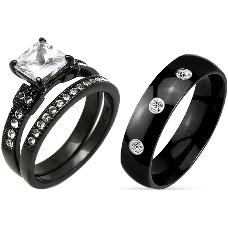 Dome motif ring-3 PCS Couple Princess Cut CZ Black IP Stainless Steel CZ Wedding Set Mens Band with 3 CZs