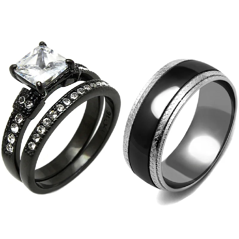 Sleek tungsten ring-3 PCS Couple Princess Cut CZ Black IP Stainless Steel CZ Wedding Set Mens Matching Band