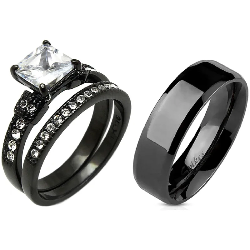 Sleek design ring-3 PCS Couple Princess Cut CZ Black IP Stainless Steel CZ Wedding Set Mens Flat Band