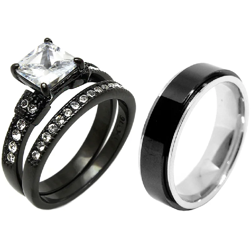 Varied stone ring-3 PCS Couple Princess Cut CZ Black IP Stainless Steel CZ Wedding Set Mens Matching Spinning Band