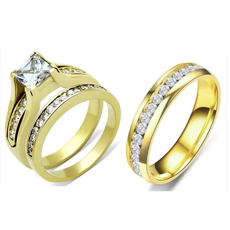 Nested stone ring-Couple Ring Set Womens 7x7mm Princess CZ Gold Wedding Ring Set Mens All Around CZ Band