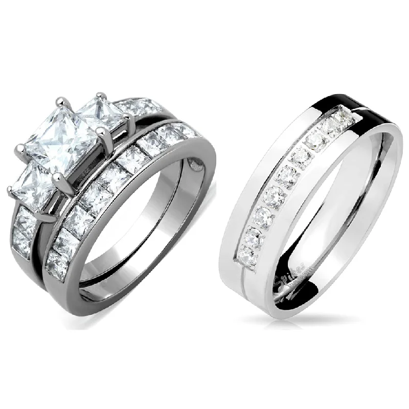 Staggered band ring-3 PCS Couples Ring Set Womens Princess Cut CZ Ring set with Mens 9 Round CZ Band