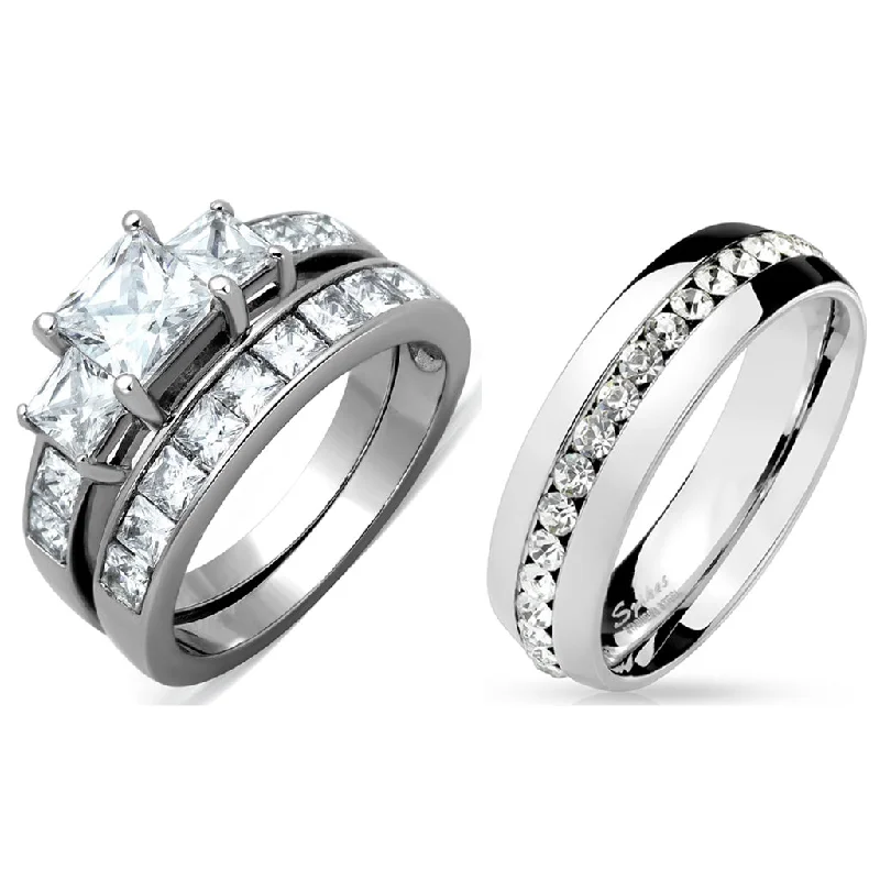 Smooth sweep ring-3 PCS Couple Womens Princess Cut CZ Wedding Ring set with Mens All Around CZ Band