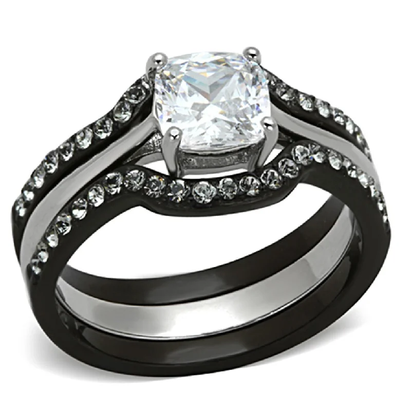 Prism-effect ring-3 PCS Cushion Cut Black IP Two-Tone Stainless Steel Engagement Ring Set