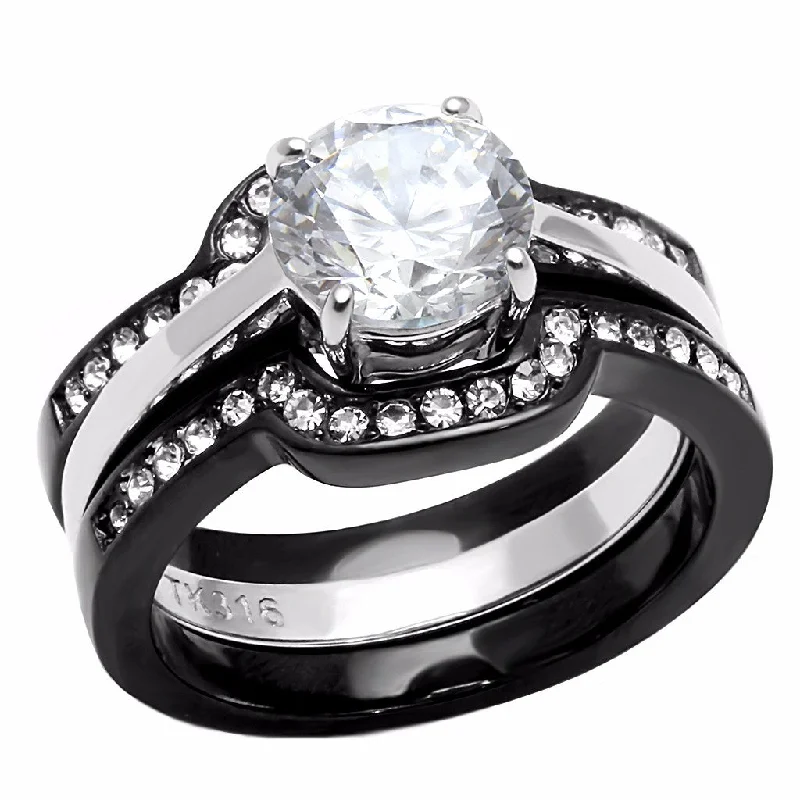 Worn finish ring-3 PCS Round Cut Black IP Two-Tone Stainless Steel Engagement Rings Set