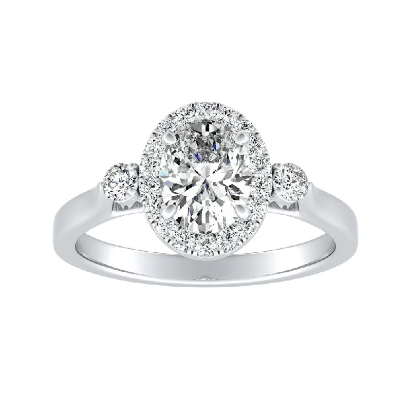 Five-stone ring-3-stone Halo Oval Diamond Engagement Ring 1/2ctw 18k Gold by Auriya (I-J, I1-I2)