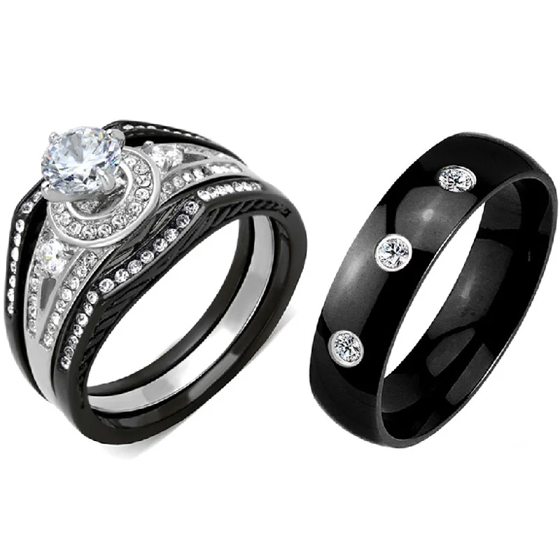 Rising ridge ring-4 PCS Couple Black IP Stainless Steel 6x6mm Round Cut CZ Engagement Ring Set Mens 3 CZ Band