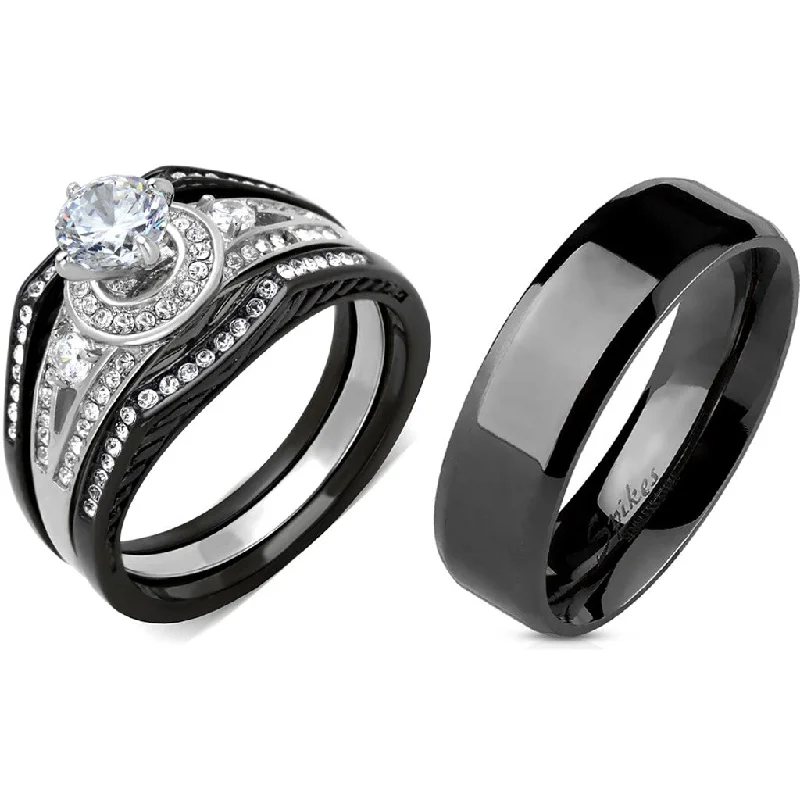 Luminous gem ring-4 PCS Couple Black IP Stainless Steel 6x6mm Round Cut CZ Engagement Ring Set Mens Flat Band