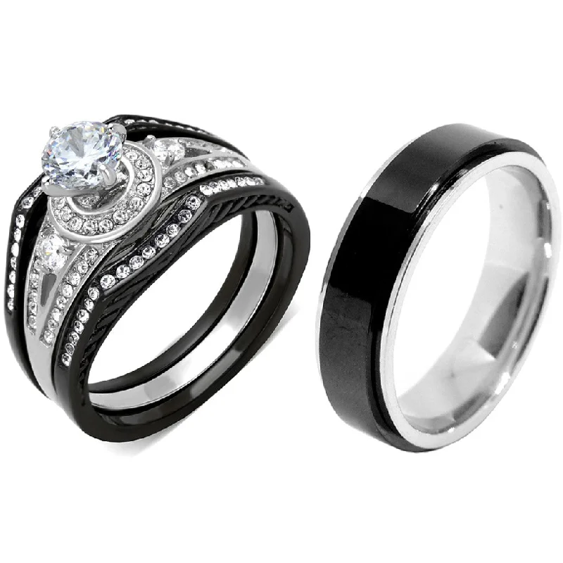 Lustrous iolite ring-4 PCS Couple Black IP Stainless Steel 6x6mm Round Cut CZ Engagement Ring Set Mens Spinning Band