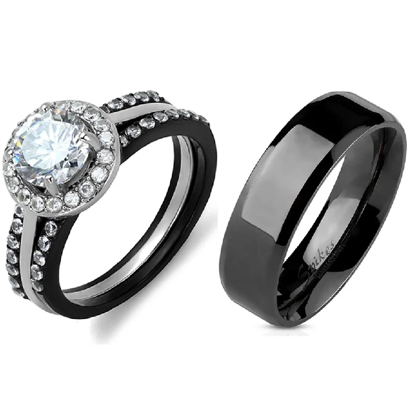 Nested stone ring-4 PCS Couple Black IP Stainless Steel 7x7mm Round Cut CZ Engagement Ring Set Mens Flat Band