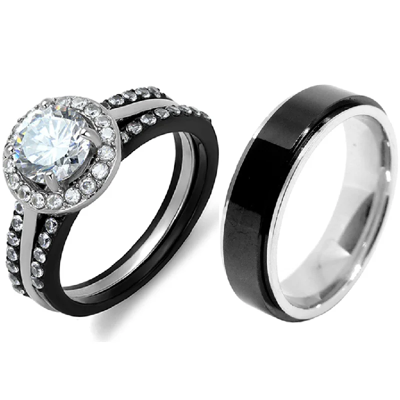 Satin marble ring-4 PCS Couple Black IP Stainless Steel 7x7mm Round Cut CZ Engagement Ring Set Mens Spinning Band