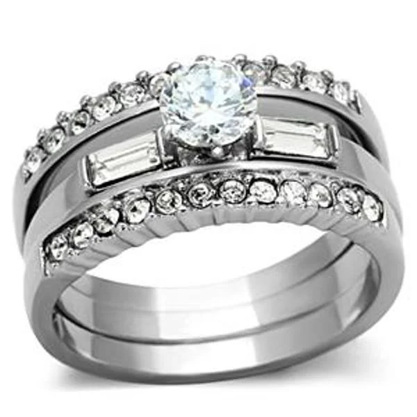 Rising ridge ring-5x5mm Round CZ Center Stainless Steel Engagement 3 Rings Set