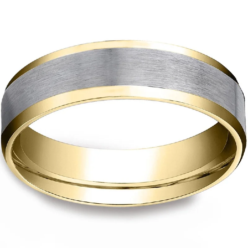 Aged bronze ring-6mm Two Tone 10k White & Yellow Gold Mens Wedding Band