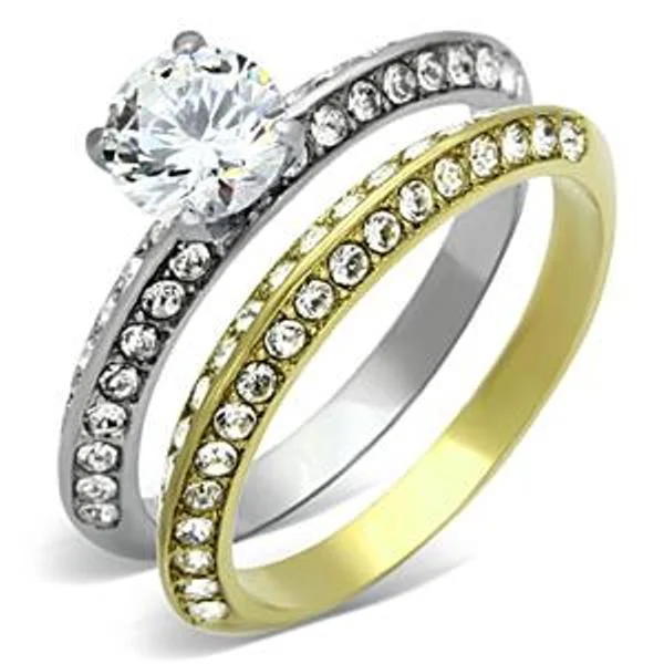 Textured ring-6x6mm Brilliant cut CZ Two Tone Gold Stainless Steel Engagement Ring Set