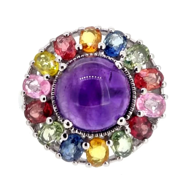 Arched stone ring-925 Sterling Silver African Amethyst and Multi Sapphire Ring