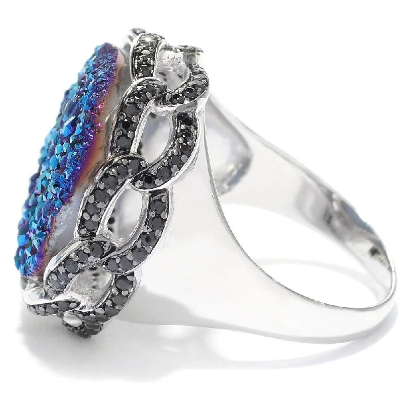 Forged gold ring-925 Sterling Silver Black Spinel and Blue Drusy Ring