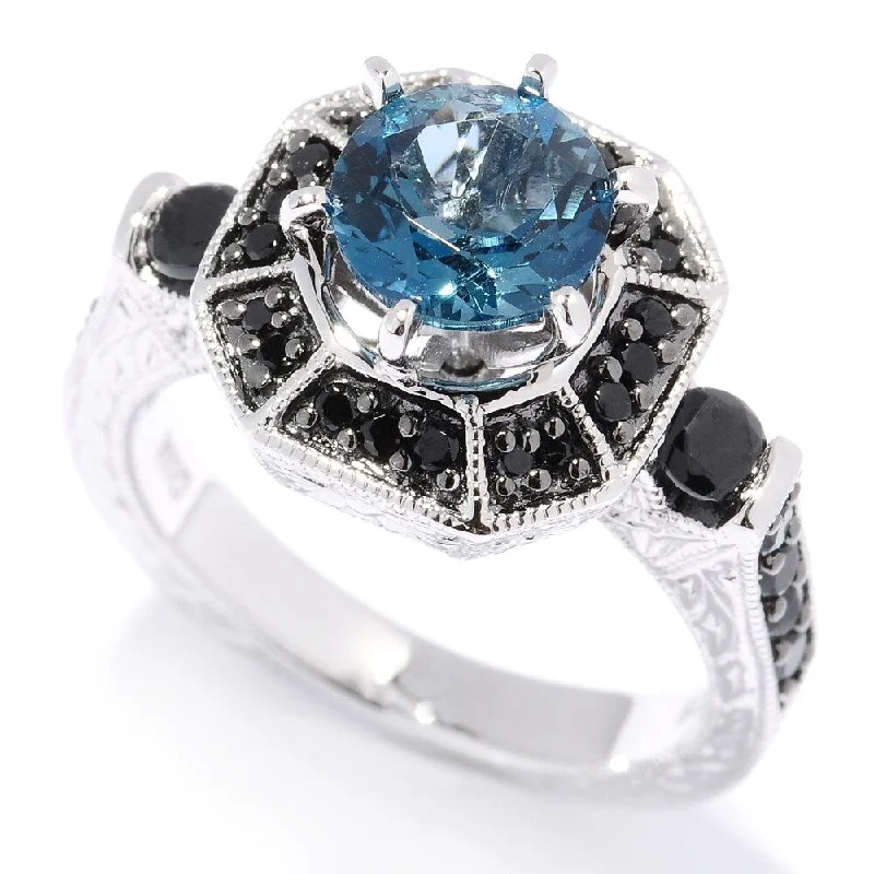 Frosty aquamarine ring-925 Sterling Silver Black Spinel and London Blue Topaz Ring