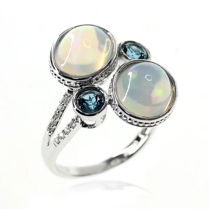 Skewed stone ring-925 Sterling Silver Ethiopian Opal and London Blue Topaz Gemstone Ring