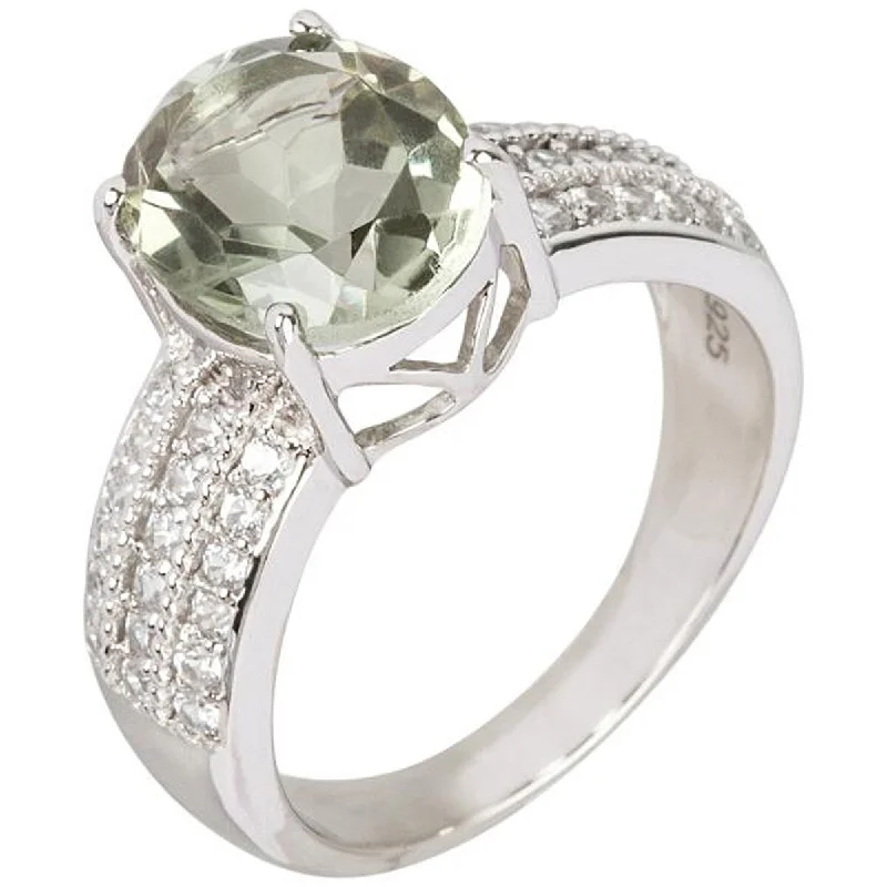 Textured ring-925 Sterling Silver Green Amethyst and White Natural Zircon Ring