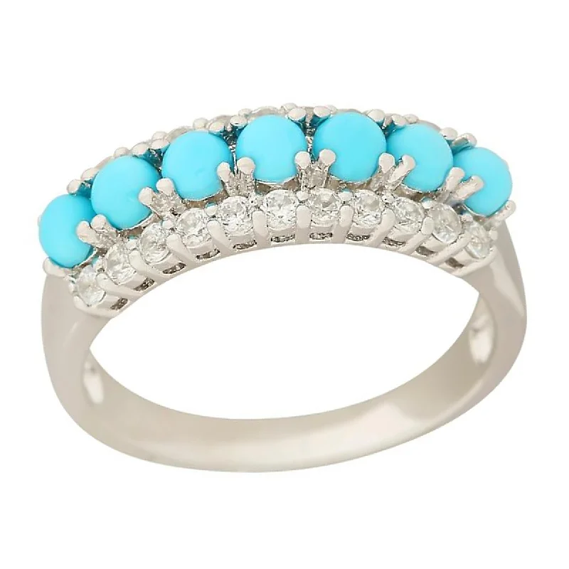 Hammered bronze ring-925 Sterling Silver Sleeping Beauty Turquoise and White Natural Zircon Ring