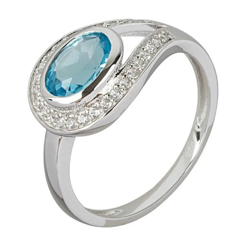 Scalloped edge ring-925 Sterling Silver Swiss Blue Topaz and White Natural Zircon Ring