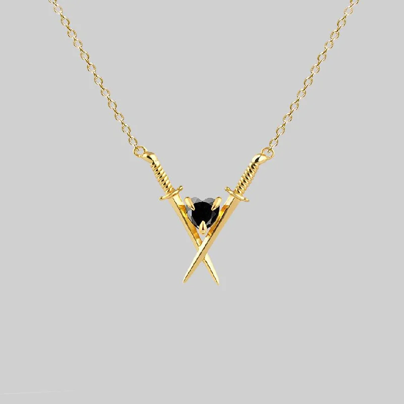 Forged gold necklace-ABJURE. Crossed Swords & Onyx Heart Necklace - Gold