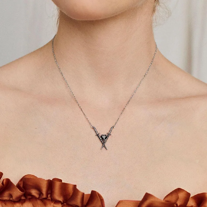 Polished palladium necklace-ABJURE. Crossed Swords & Onyx Heart Necklace - Silver