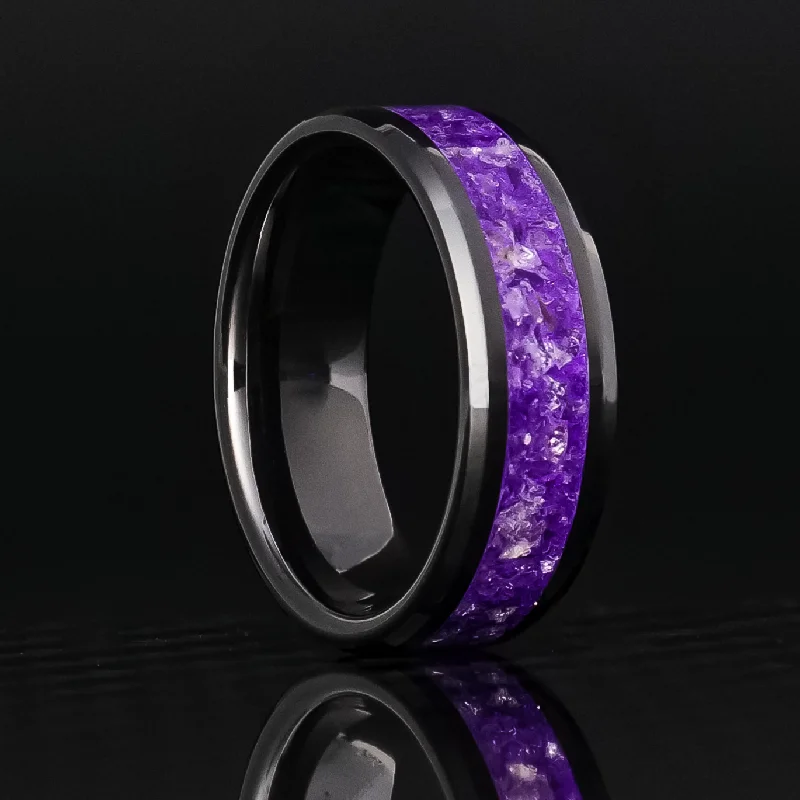 Long diamond ring-Amethyst Glowstone Ring on Black Ceramic