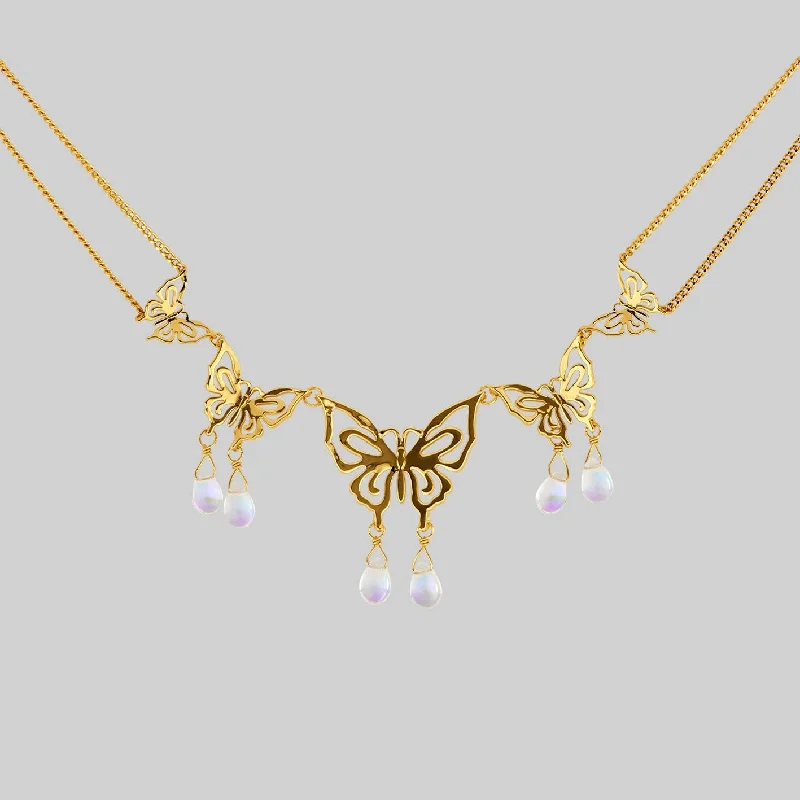 Full-set pave necklace-ANTHEIA. Iridescent Butterfly Droplet Necklace - Gold