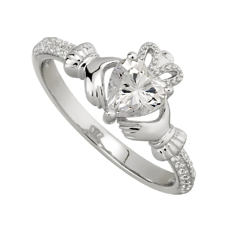 Glistening silver ring-April Claddagh Birthstone Ring