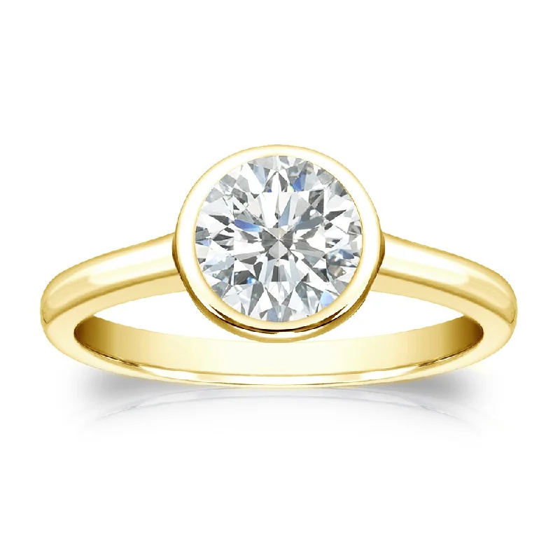 Hammered bronze ring-Auriya 14k Gold 1ctw Bezel-set Solitaire Diamond Engagement Ring Certified