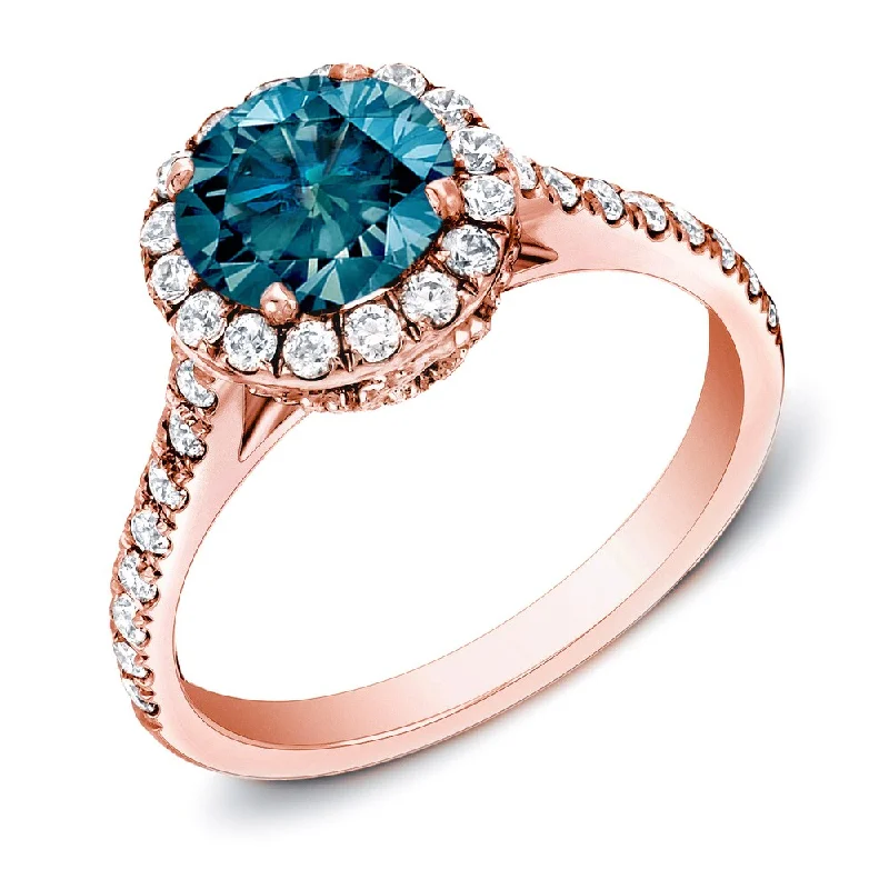 Radiant diamond ring-Auriya 14k Rose Gold 1 3/4ctw Halo Blue Diamond Engagement Ring