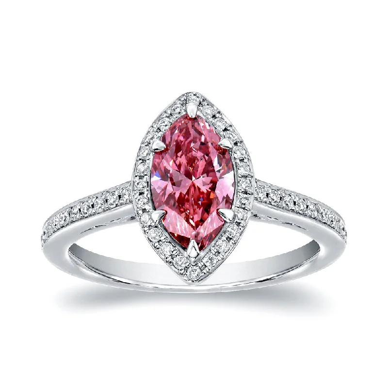 Skewed stone ring-Auriya 18k Gold 1 1/3ctw Marquise-cut Halo Pink Diamond Engagement Ring (H-I, SI1-SI2)