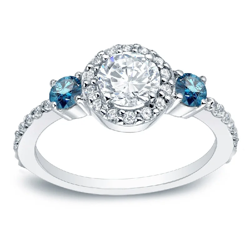 Glinting cut ring-Auriya 3/4ctw Round 3 Stone Halo Blue Diamond Engagement Ring 14k Gold